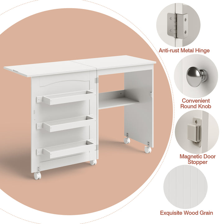 White Folding Sewing Craft Table with Storage Shelves Cabinet Lockable Wheels Image 5