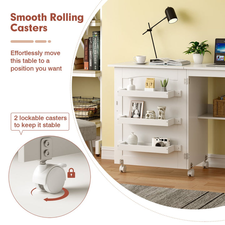 White Folding Sewing Craft Table with Storage Shelves Cabinet Lockable Wheels Image 6