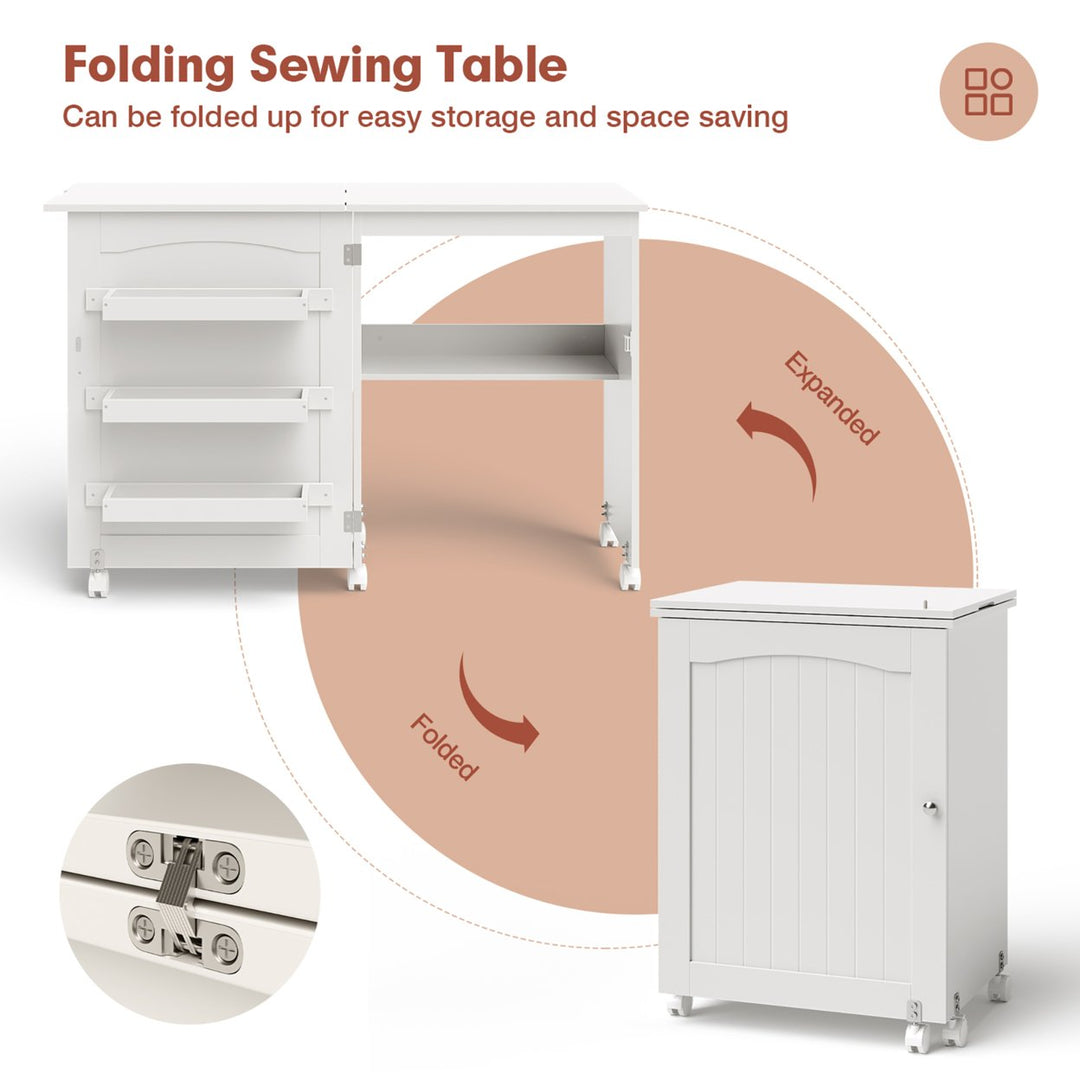 White Folding Sewing Craft Table with Storage Shelves Cabinet Lockable Wheels Image 7