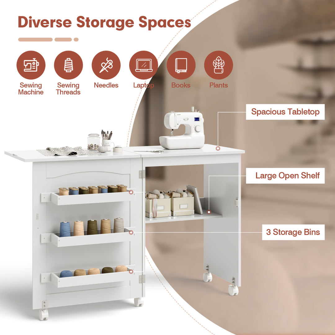 White Folding Sewing Craft Table with Storage Shelves Cabinet Lockable Wheels Image 8