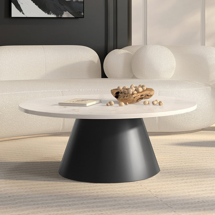 Kolin Coffee Table Natural Marble Stone 31.5in Conical Matte Gold Base Image 1