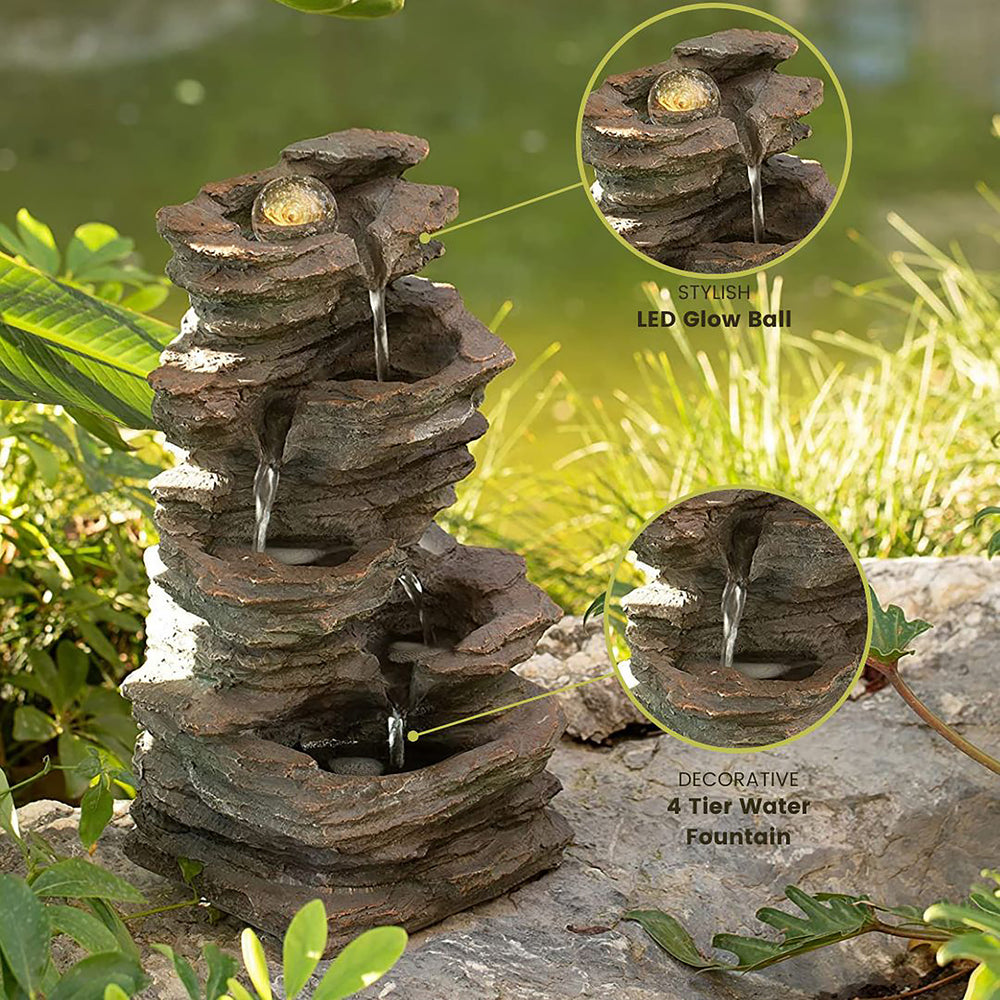 Decorative 4 Tier Rock Look Water Fountain with LED Rolling Glow Ball for Home and Garden Image 2