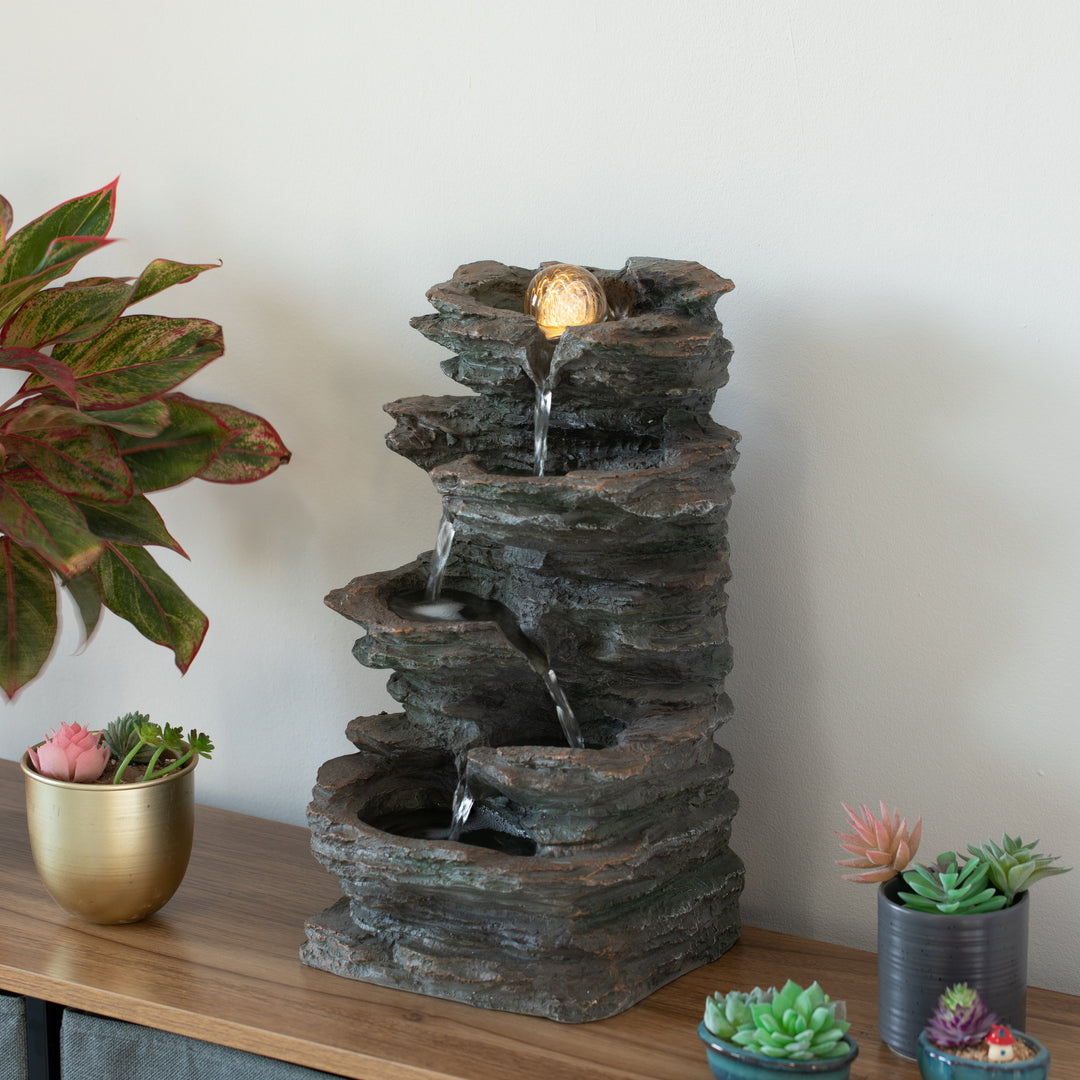 Decorative 4 Tier Rock Look Water Fountain with LED Rolling Glow Ball for Home and Garden Image 4