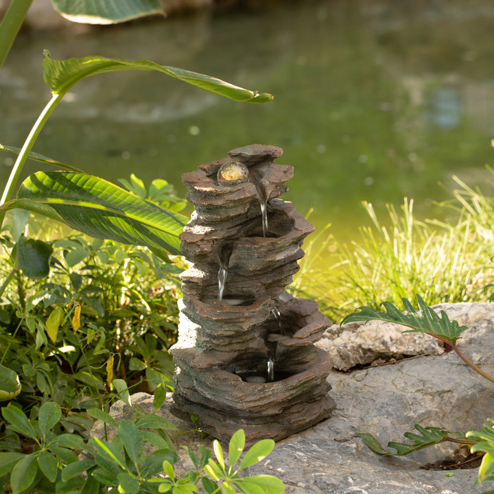 Decorative 4 Tier Rock Look Water Fountain with LED Rolling Glow Ball for Home and Garden Image 9