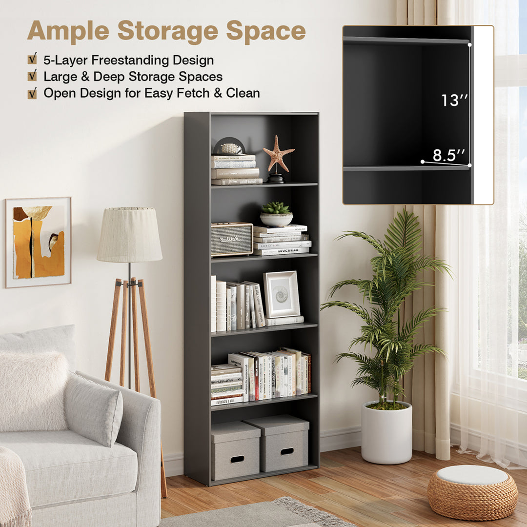 5-Shelf Storage Bookcase Modern Multi-Functional Display Cabinet Furniture Black Image 5