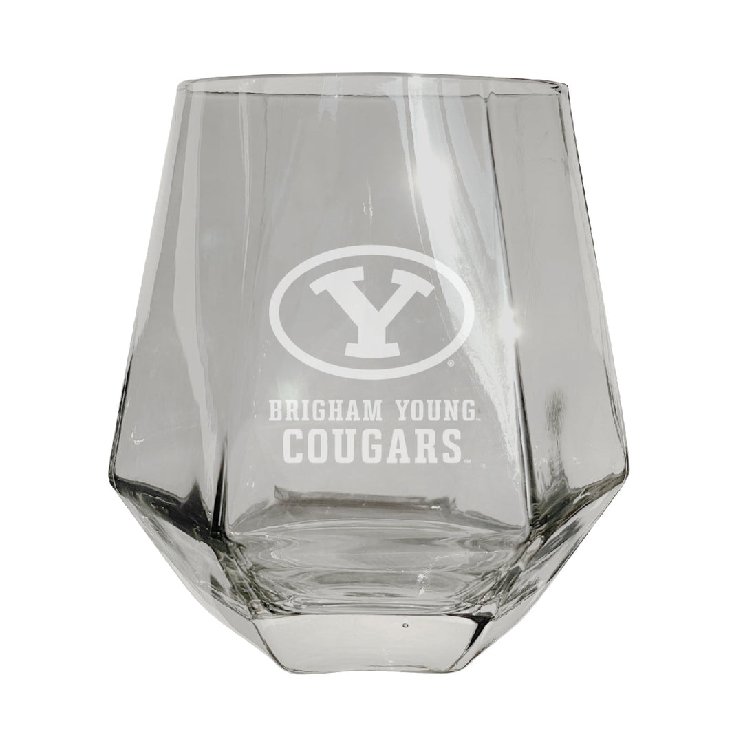 Brigham Young Cougars Etched Diamond Cut Stemless 10 ounce Wine Glass Clear Image 1