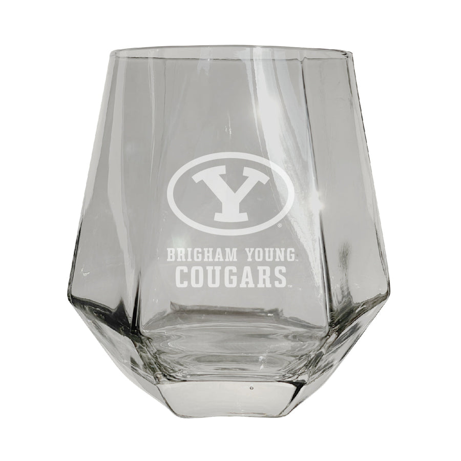 Brigham Young Cougars Etched Diamond Cut Stemless 10 ounce Wine Glass Clear Image 1