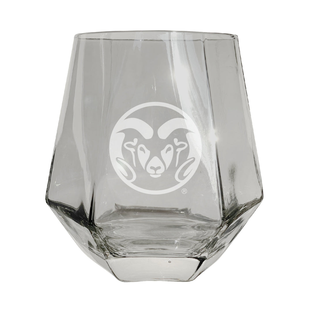 Colorado State Rams Etched Diamond Cut Stemless 10 ounce Wine Glass Clear Image 1