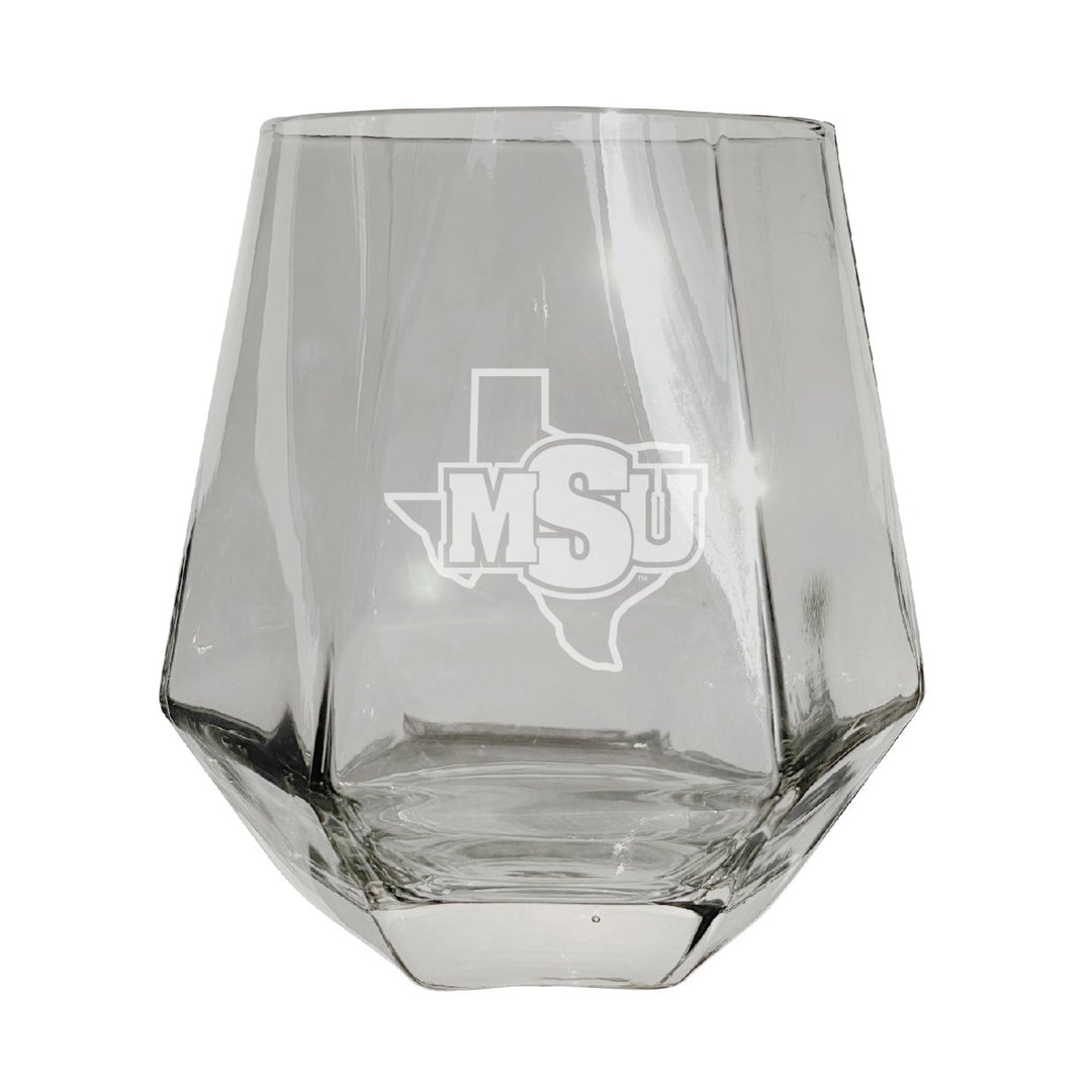 Midwestern State University Mustangs Etched Diamond Cut Stemless 10 ounce Wine Glass Clear Image 1