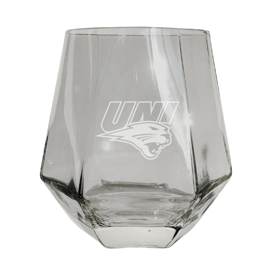 Northern Iowa Panthers Etched Diamond Cut Stemless 10 ounce Wine Glass Clear Image 1