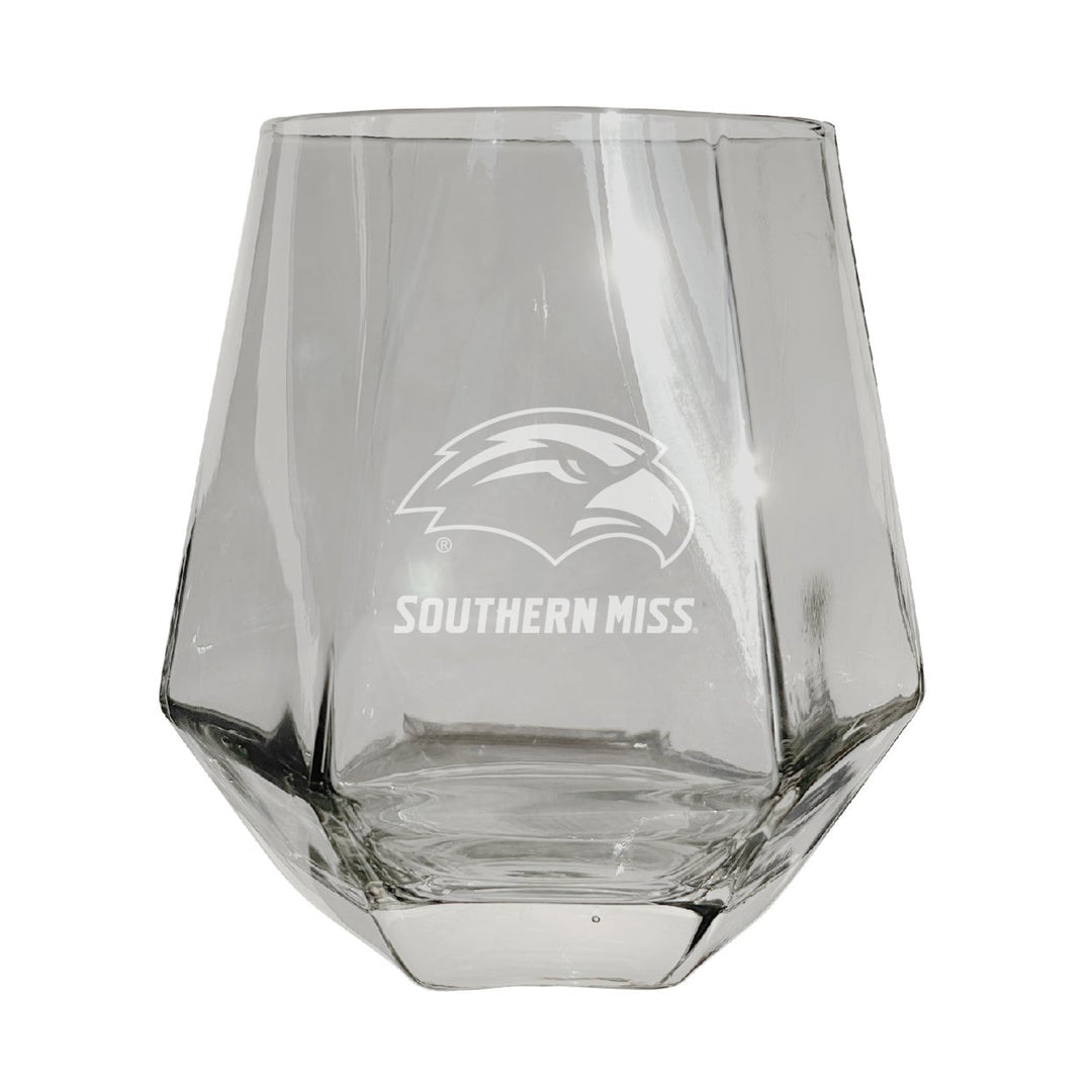 Southern Mississippi Golden Eagles Etched Diamond Cut Stemless 10 ounce Wine Glass Clear Image 1