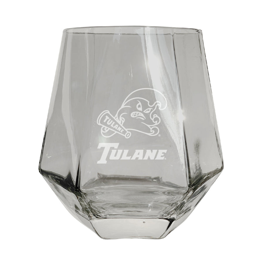 Tulane University Green Wave Etched Diamond Cut Stemless 10 ounce Wine Glass Clear Image 1
