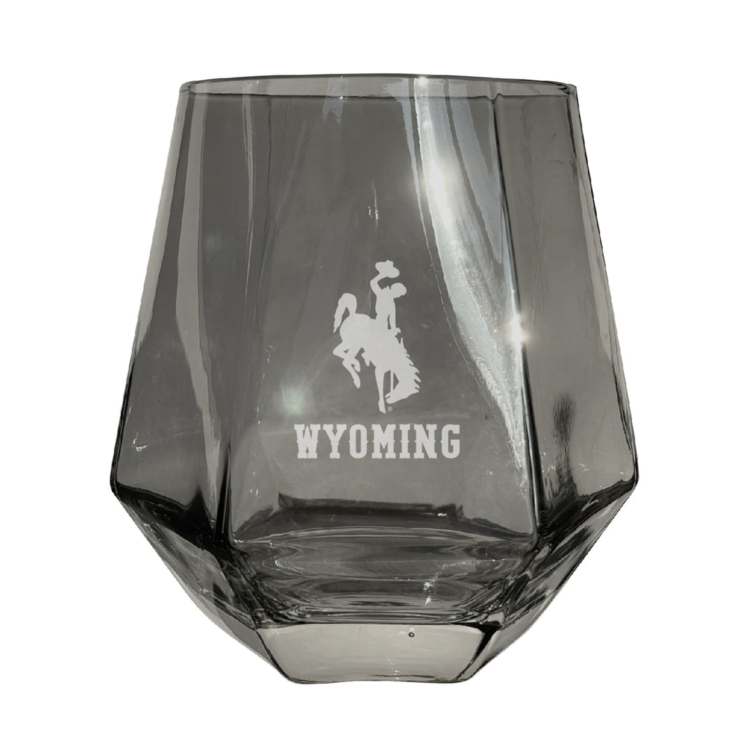 University of Wyoming Etched Diamond Cut Stemless 10 ounce Wine Glass Grey Image 1