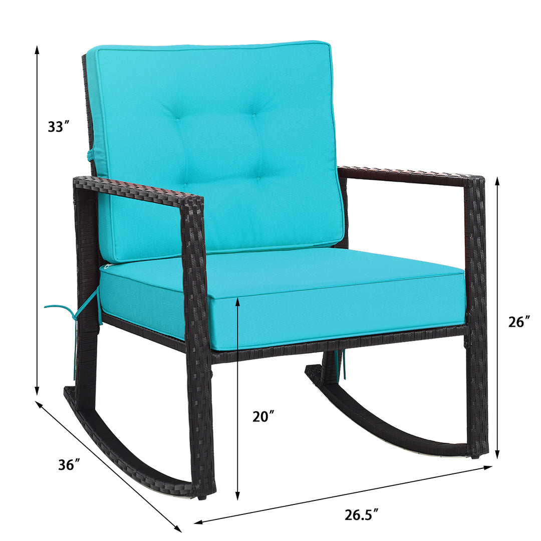 Outdoor Wicker Rocking Chair Patio Lawn Rattan Single Chair Glider w/ Turquoise Cushion Image 3