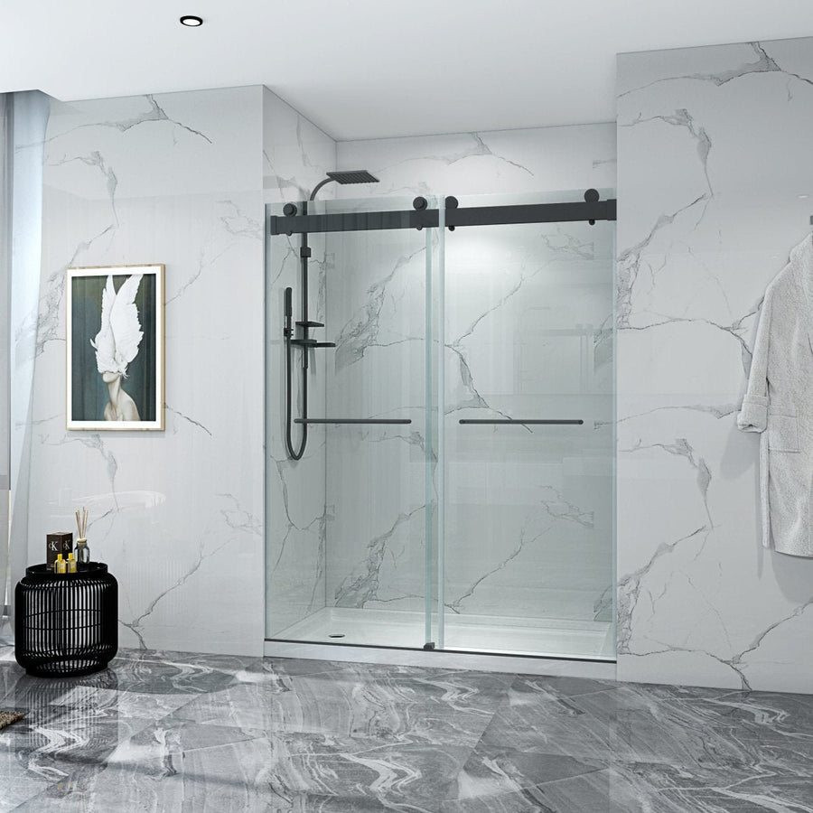 Catalyst 60" W x 76" H Sliding Frameless Shower Door in Matte Black with Clear Glass Image 1