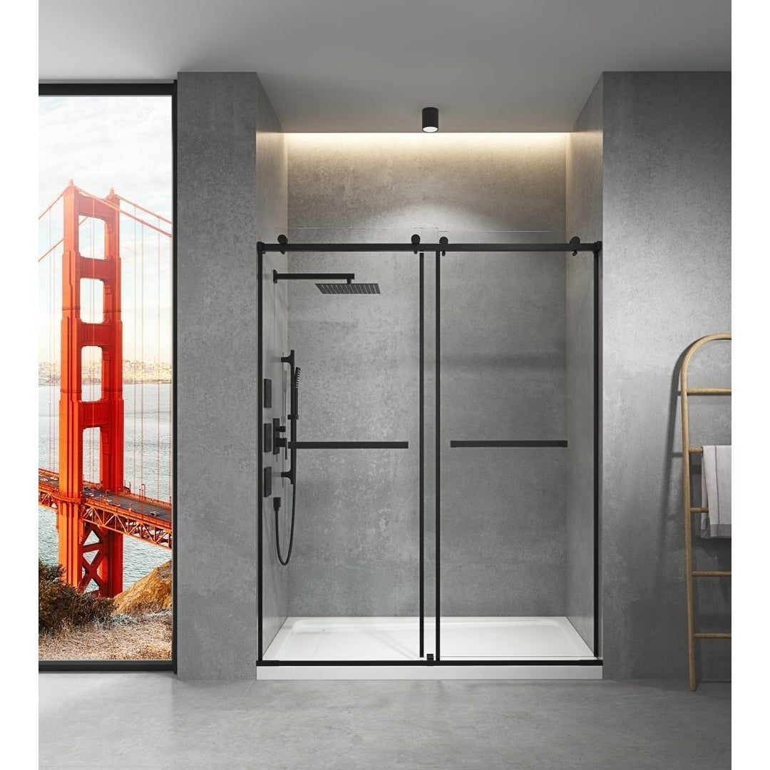 Catalyst 60" W x 76" H Sliding Frameless Shower Door in Matte Black with Clear Glass Image 3