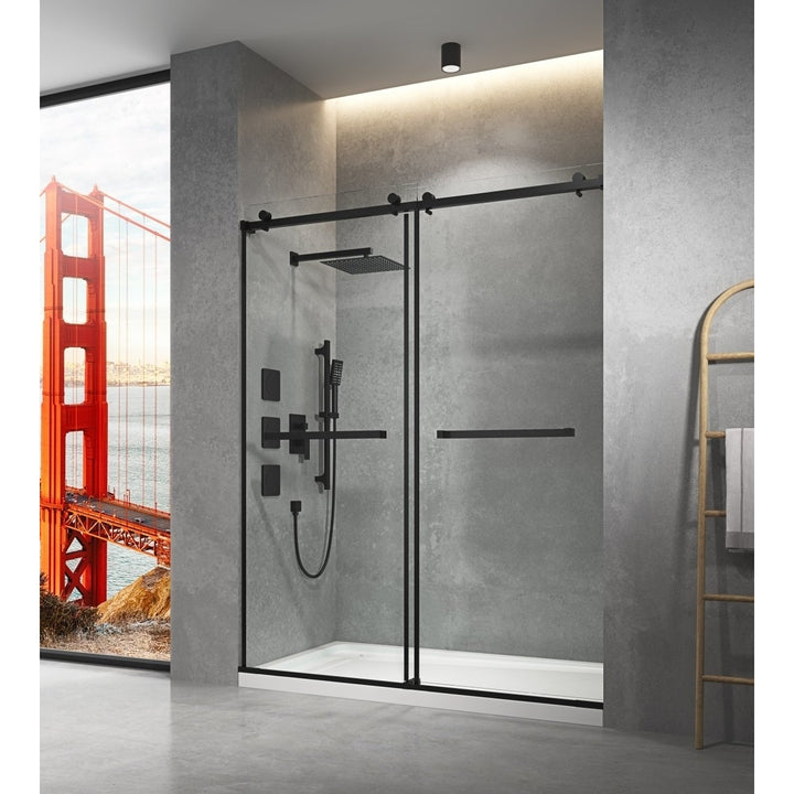 Catalyst 60" W x 76" H Sliding Frameless Shower Door in Matte Black with Clear Glass Image 4