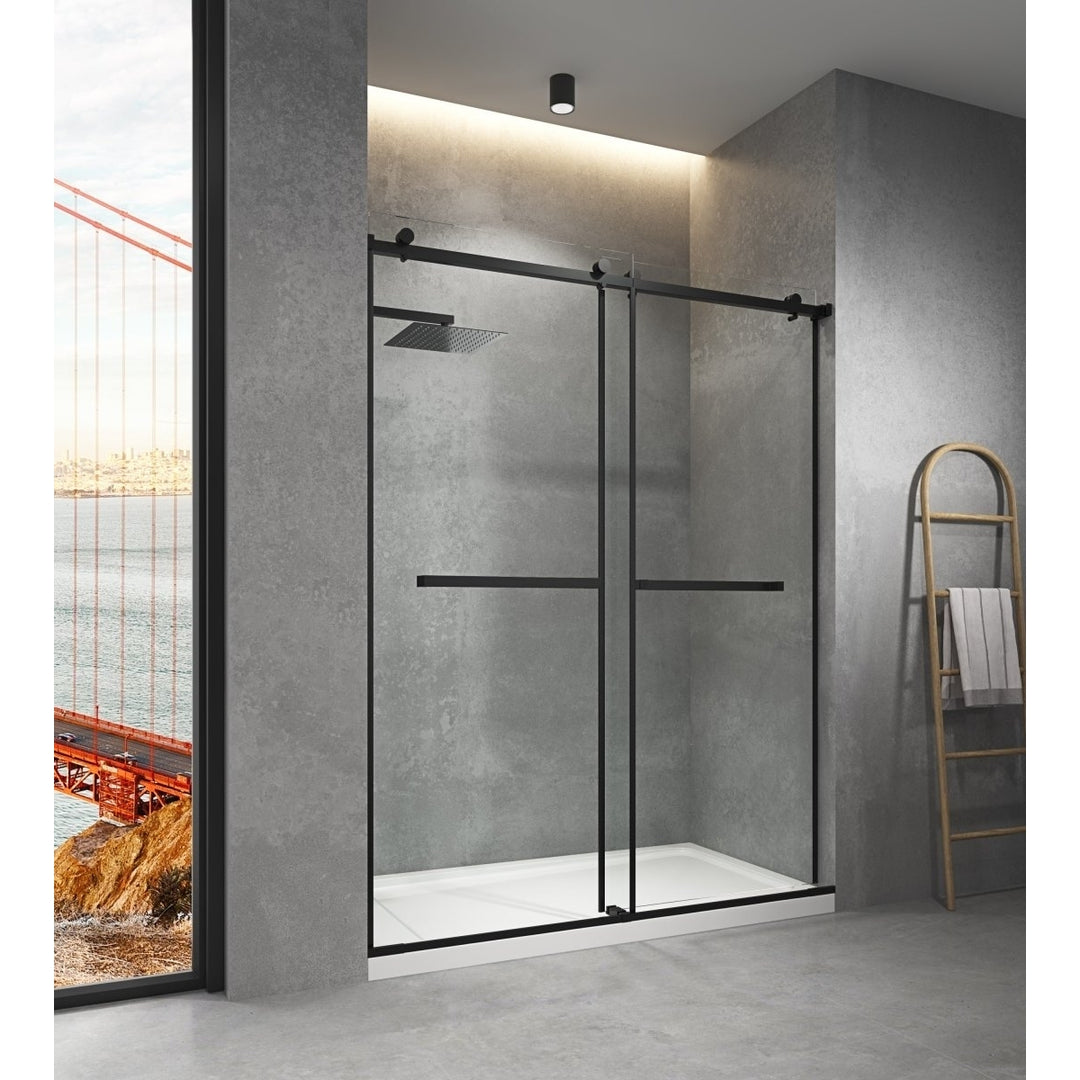 Catalyst 60" W x 76" H Sliding Frameless Shower Door in Matte Black with Clear Glass Image 9