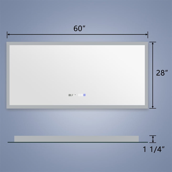 ExBrite 60 W x 28 H Bathroom Light Mirror Fahrenheit Anti Fog with Clock Mirror Image 3