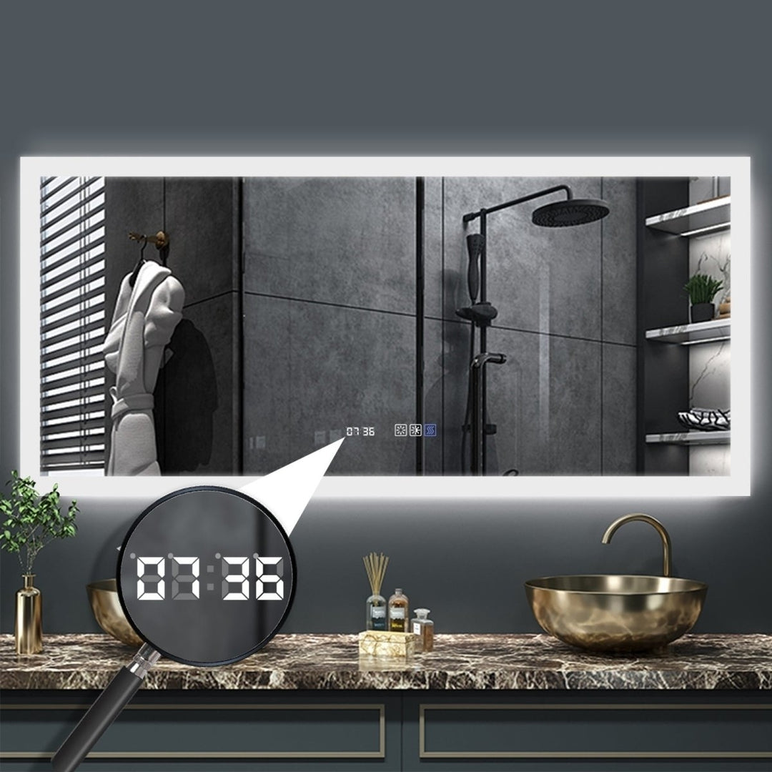 ExBrite 60 W x 28 H Bathroom Light Mirror Fahrenheit Anti Fog with Clock Mirror Image 4