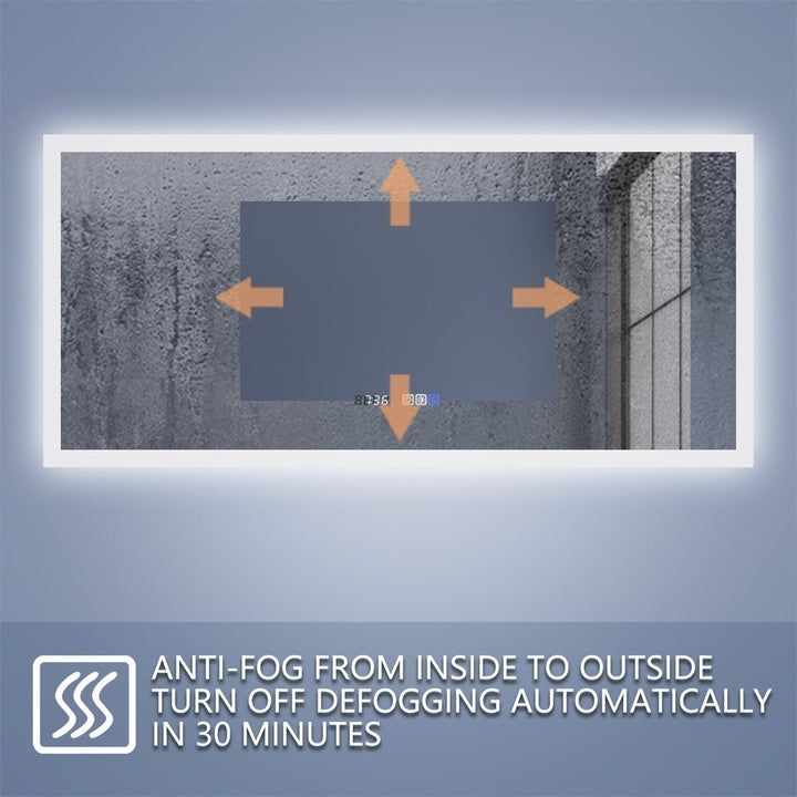 ExBrite 60 W x 28 H Bathroom Light Mirror Fahrenheit Anti Fog with Clock Mirror Image 5