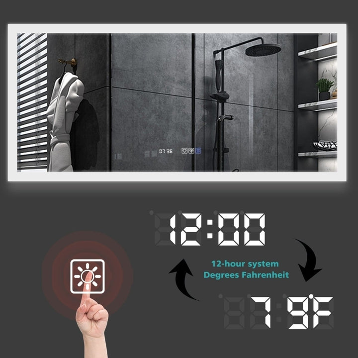 ExBrite 60 W x 28 H Bathroom Light Mirror Fahrenheit Anti Fog with Clock Mirror Image 7