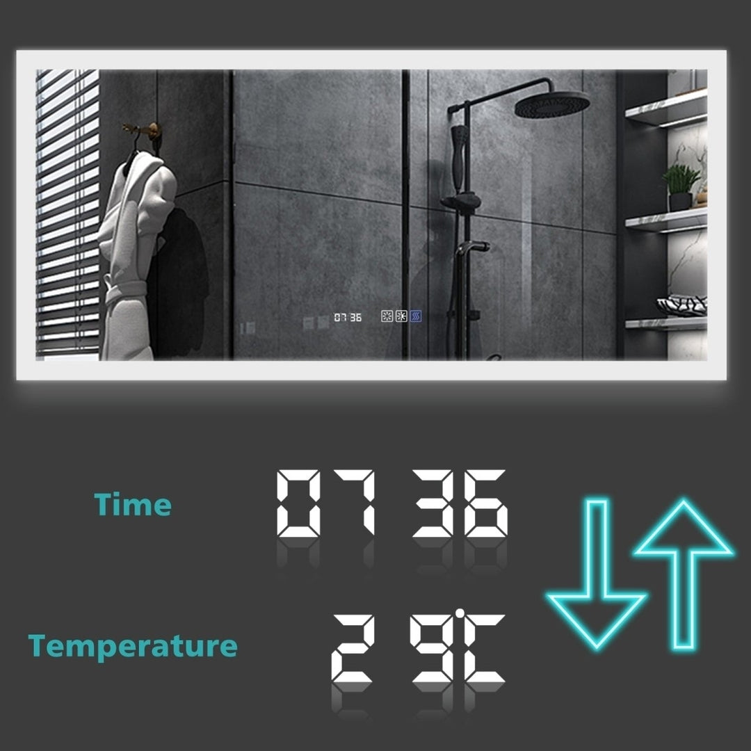 ExBrite 60 W x 28 H Bathroom Light Mirror Fahrenheit Anti Fog with Clock Mirror Image 8