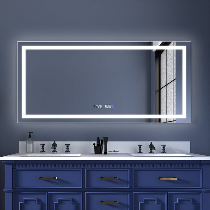 ExBrite 60 W x 28 H Bathroom Light Mirror Fahrenheit Anti Fog with Clock Mirror Image 11