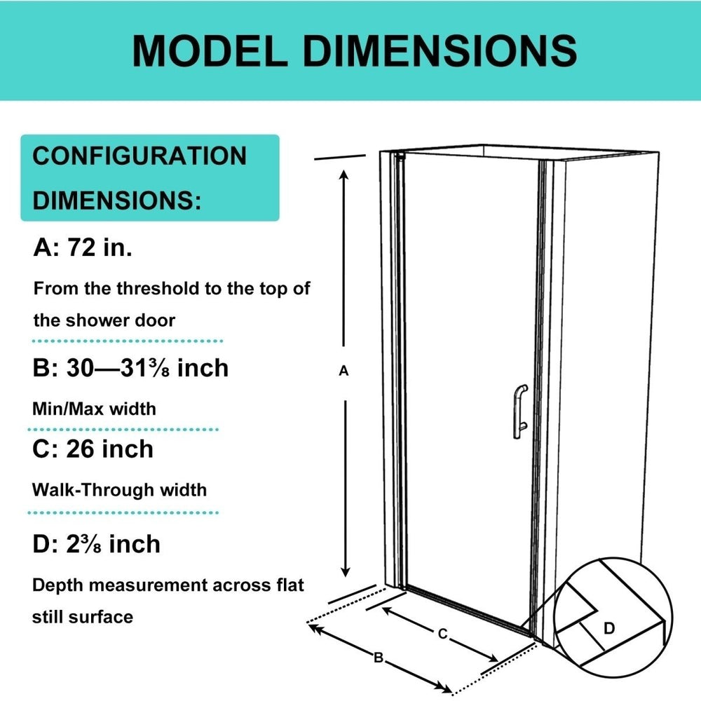 Classy Semi-Frameless Pivot Shower Door 30-31 in W 72 in H Nickel Glass Handle Image 2