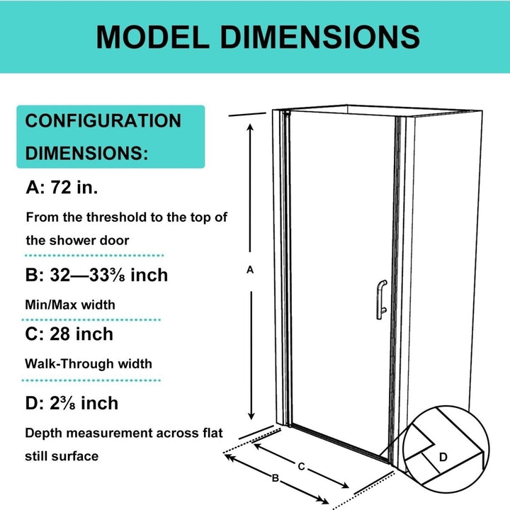 Classy Semi-Frameless Pivot Shower Door 32-33 Inch x 72 Inch Nickel Glass Image 2