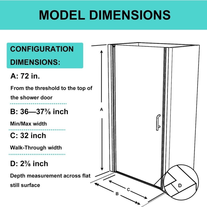 Classy 36-37" W x 72" H Semi-Frameless Glass Shower Door Nickel Finish Image 2