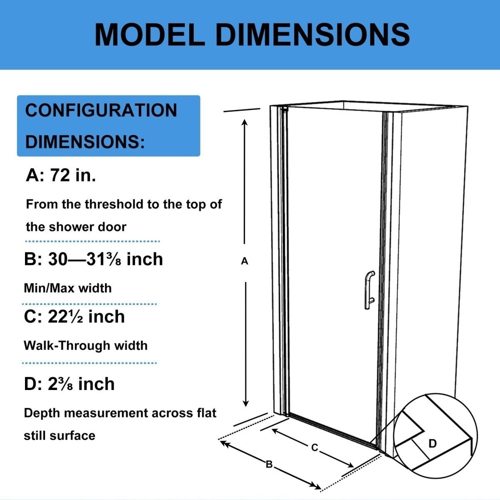 Chic Frameless Shower Door 30-31.5" W x 72" H Matte Black Smoke Gray Glass Image 2