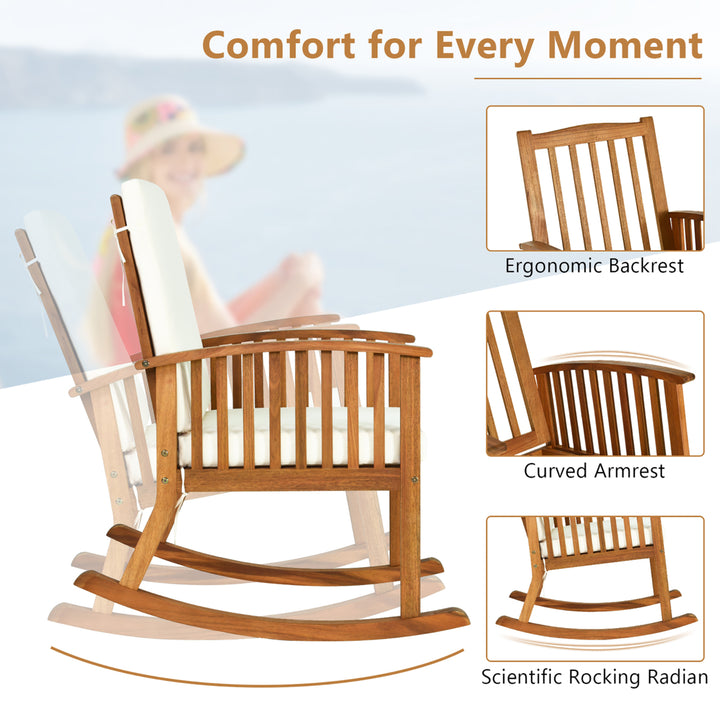 2PCS Patio Wooden Rocking Chair Lawn Garden Outdoor w/ Armrest Cushion Image 5