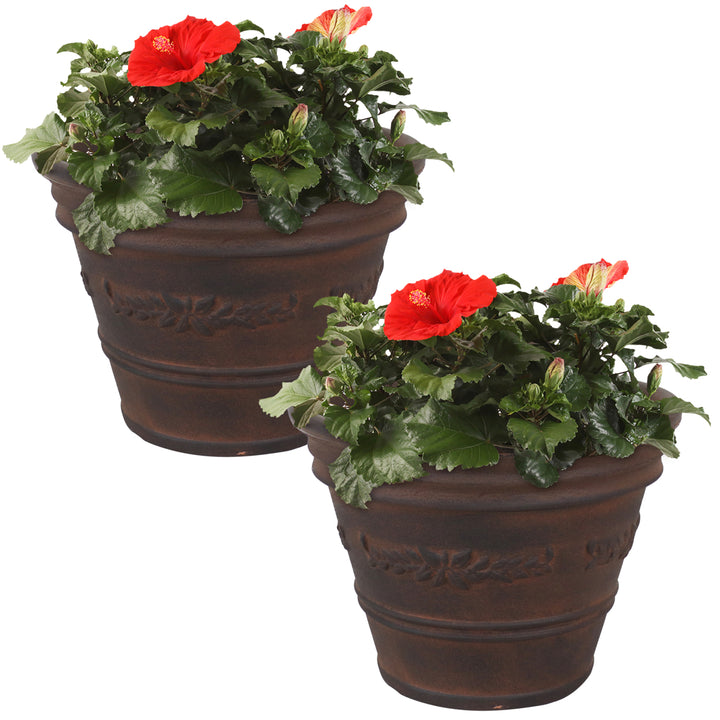 Sunnydaze 13 in Laurel Dual-Wall Polyresin Planter - Rust - Set of 2 Image 5