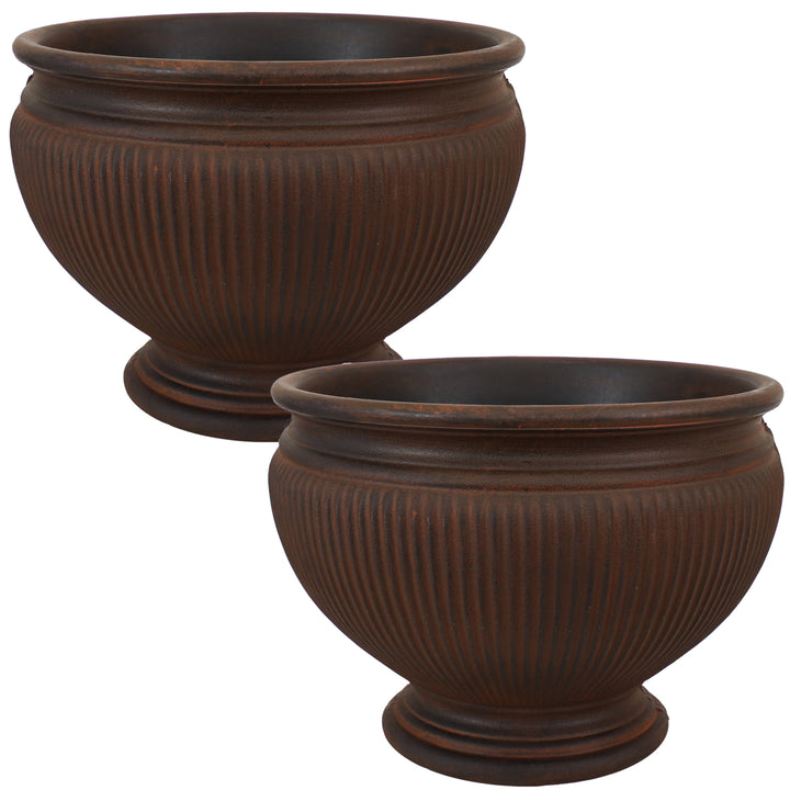 Sunnydaze 16 in Elizabeth Ribbed Urn Polyresin Planter - Rust - Set of 2 Image 1