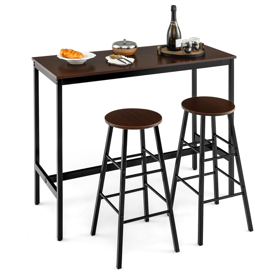 3-Piece Bar Table Set Pub Kitchen Dining Table w/ 2 Round Stools Black and Brown Image 1