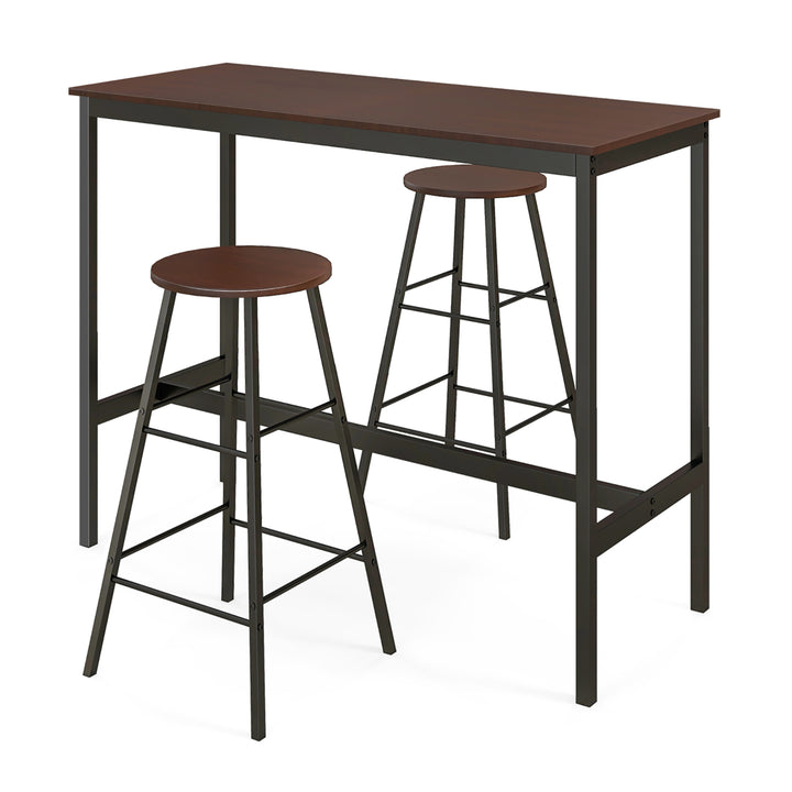 3-Piece Bar Table Set Pub Kitchen Dining Table w/ 2 Round Stools Black and Brown Image 10