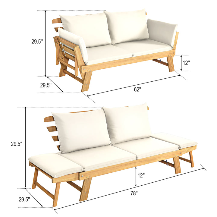 Adjustable Patio Sofa Daybed Acacia Wood Furniture w/ White Cushions Image 2