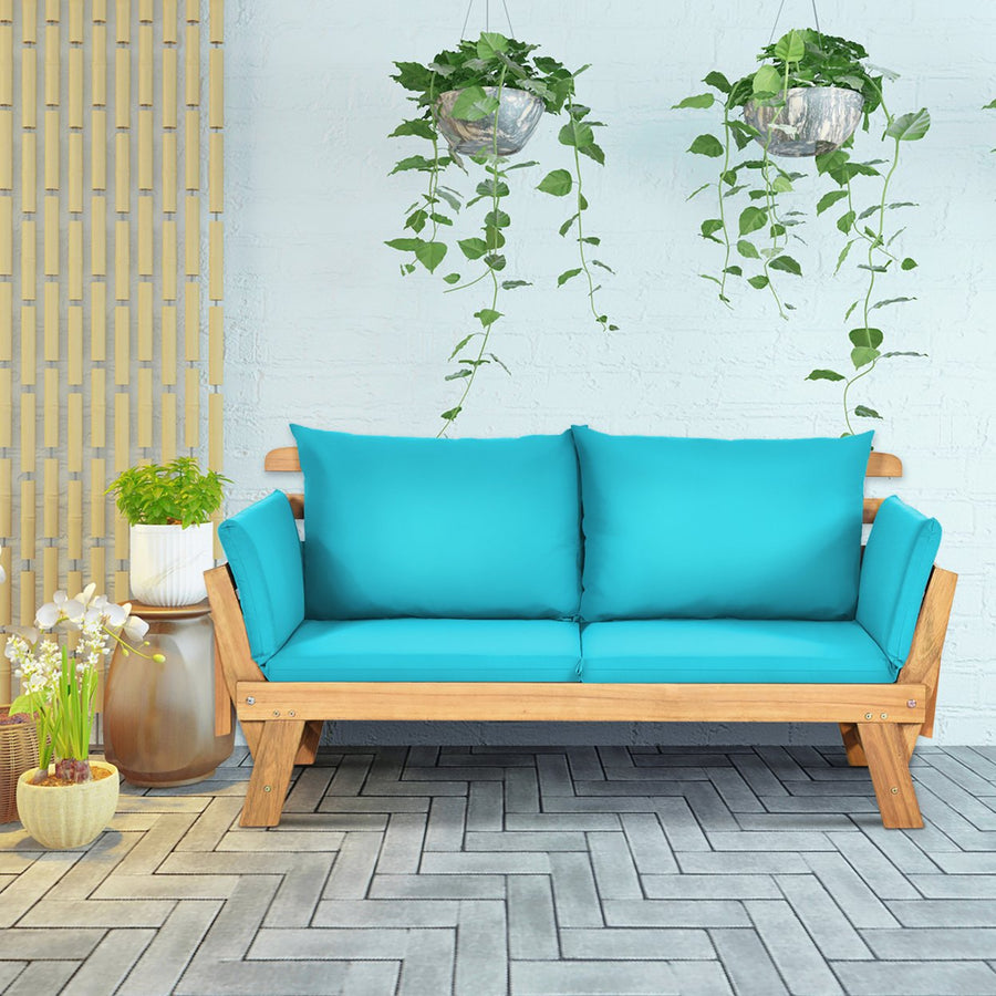 Adjustable Patio Sofa Daybed Acacia Wood Furniture w/ Turquoise Cushions Image 1