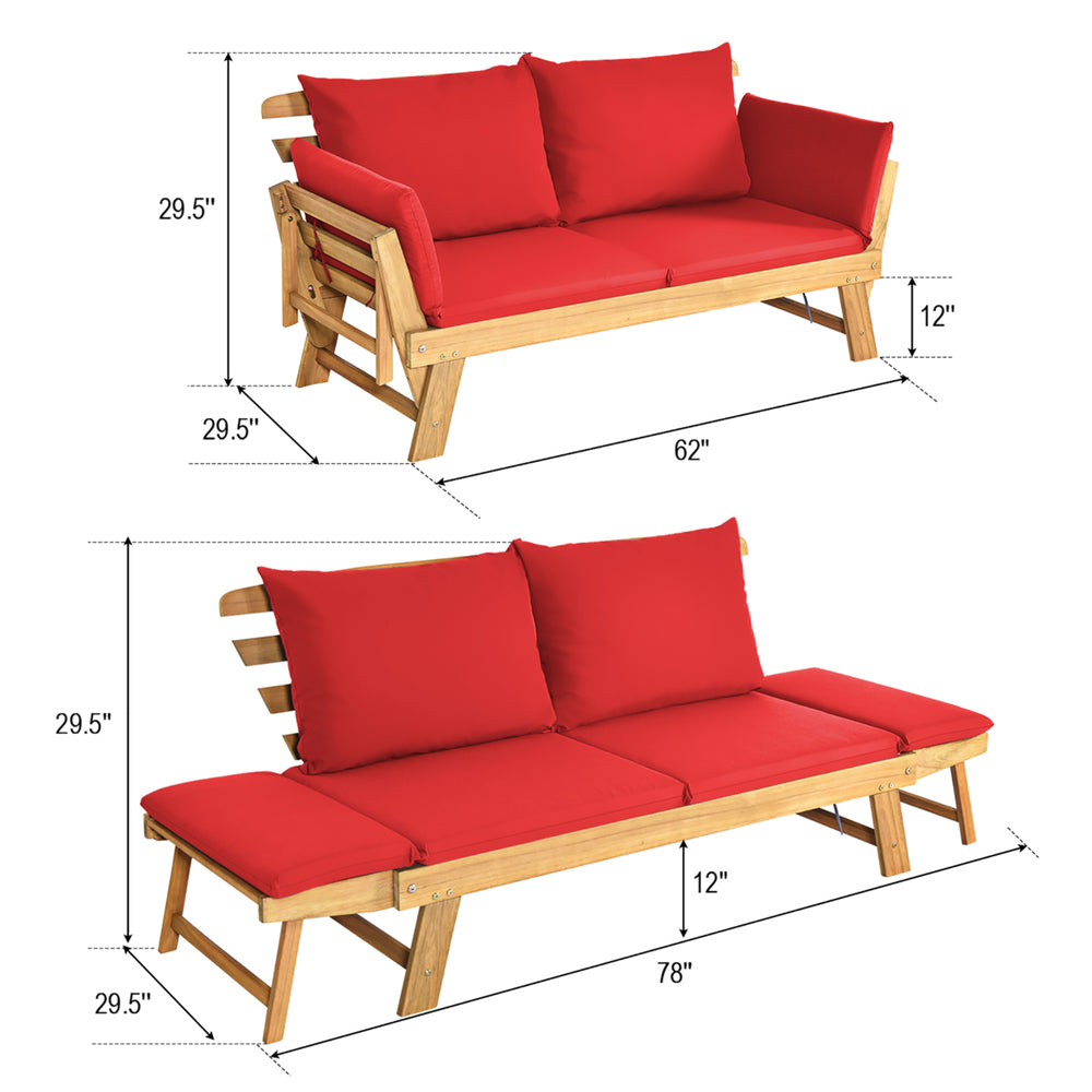 Adjustable Patio Sofa Daybed Acacia Wood Furniture w/ Red Cushions Image 2