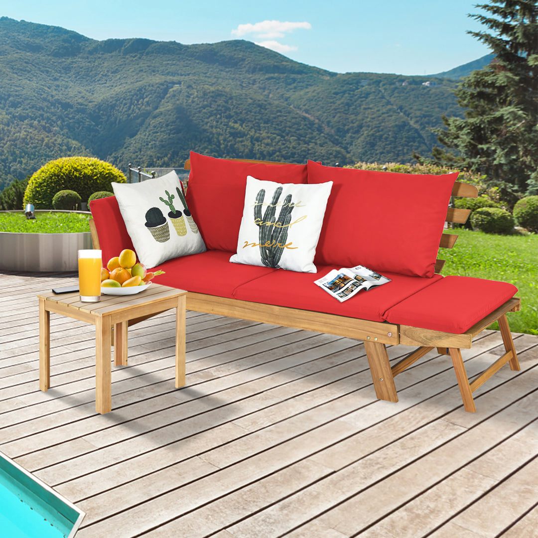 Adjustable Patio Sofa Daybed Acacia Wood Furniture w/ Red Cushions Image 3