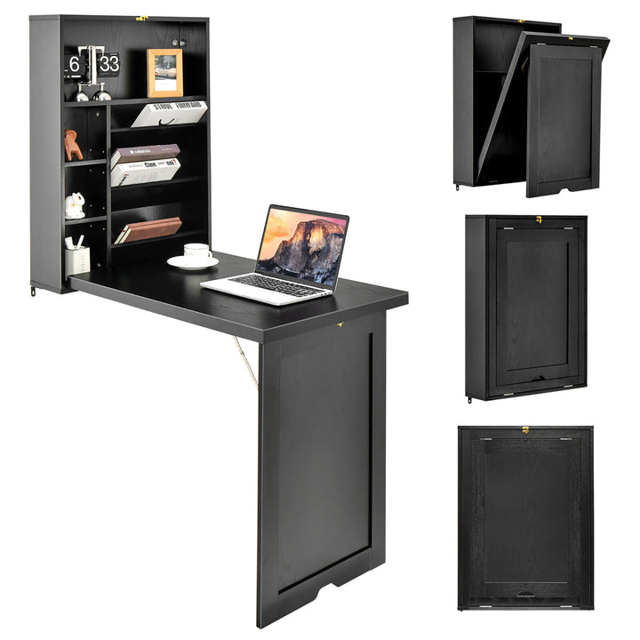 Wall Mounted Fold-Out Convertible Floating Desk Space Saver Writing Table Black Image 1