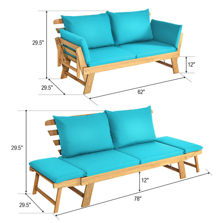 Adjustable Patio Sofa Daybed Acacia Wood Furniture w/ Turquoise Cushions Image 2