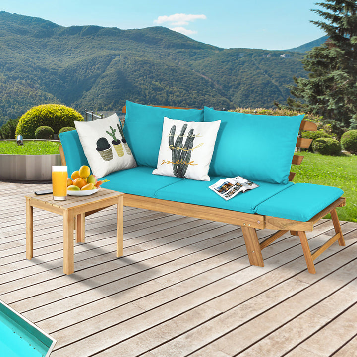 Adjustable Patio Sofa Daybed Acacia Wood Furniture w/ Turquoise Cushions Image 3