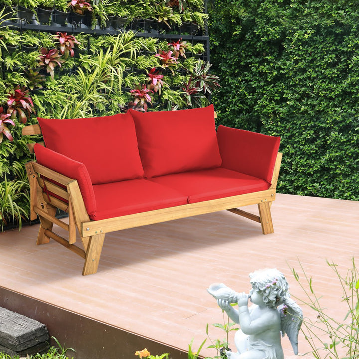 Adjustable Patio Sofa Daybed Acacia Wood Furniture w/ Red Cushions Image 4