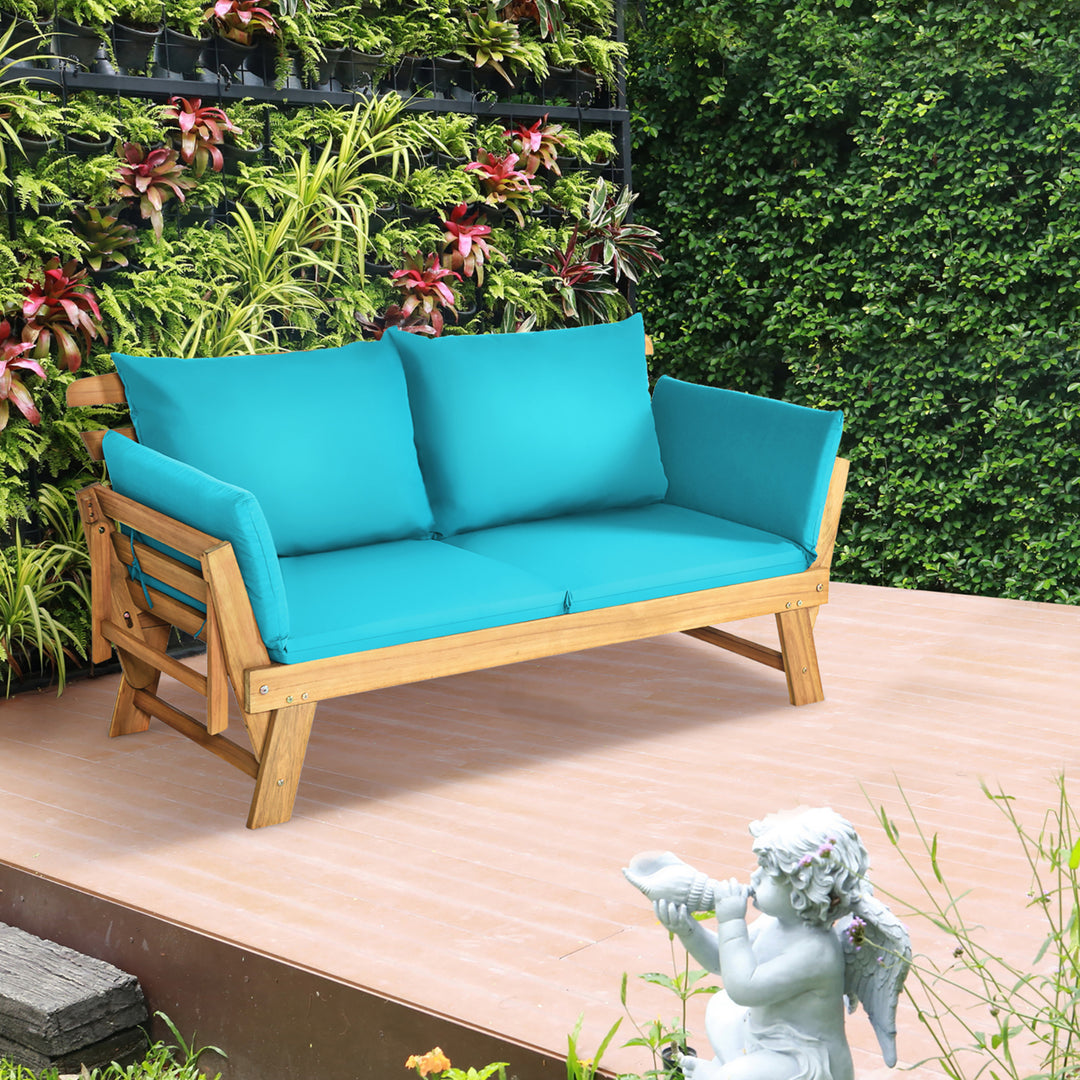 Adjustable Patio Sofa Daybed Acacia Wood Furniture w/ Turquoise Cushions Image 4