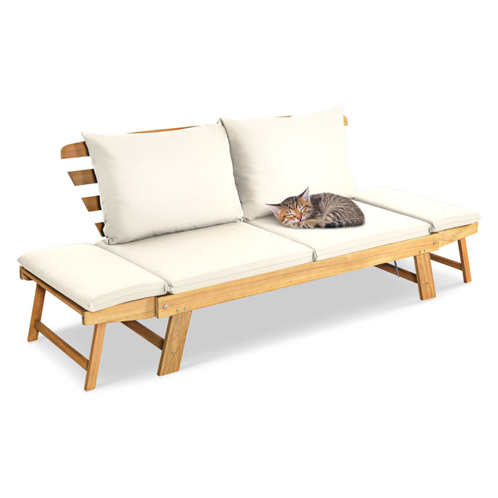 Adjustable Patio Sofa Daybed Acacia Wood Furniture w/ White Cushions Image 9