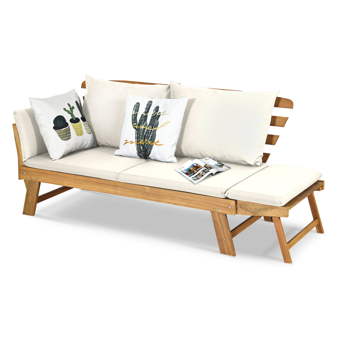 Adjustable Patio Sofa Daybed Acacia Wood Furniture w/ White Cushions Image 10