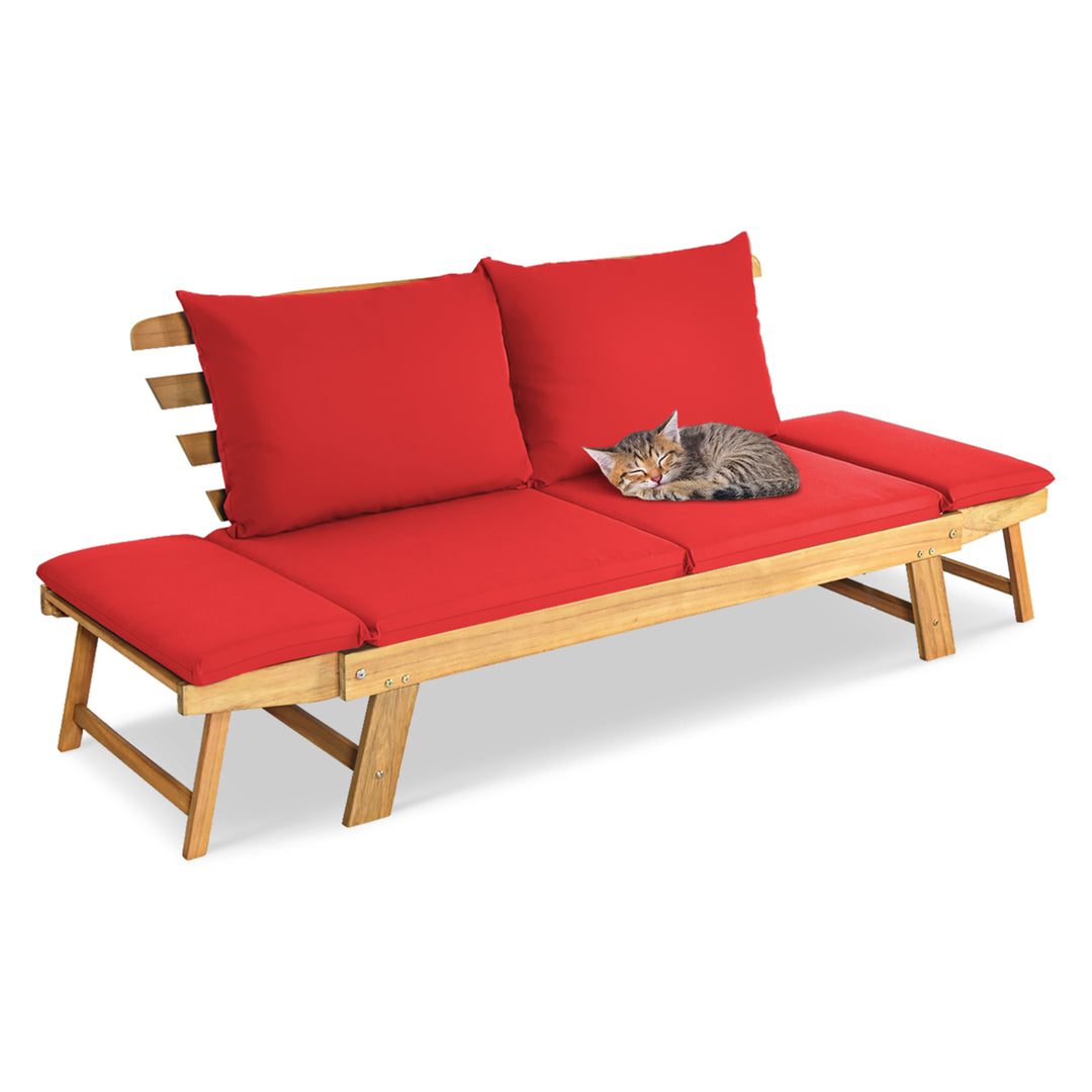 Adjustable Patio Sofa Daybed Acacia Wood Furniture w/ Red Cushions Image 9