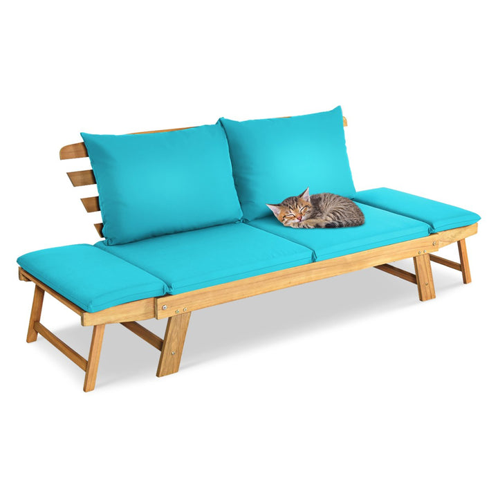 Adjustable Patio Sofa Daybed Acacia Wood Furniture w/ Turquoise Cushions Image 9